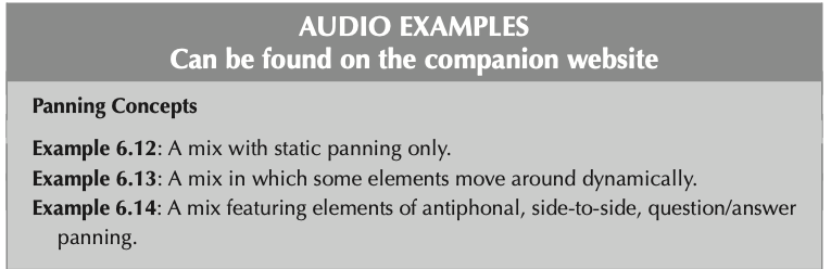 Companion audio examples 6.12 to 6.14, on static and dynamic panning.