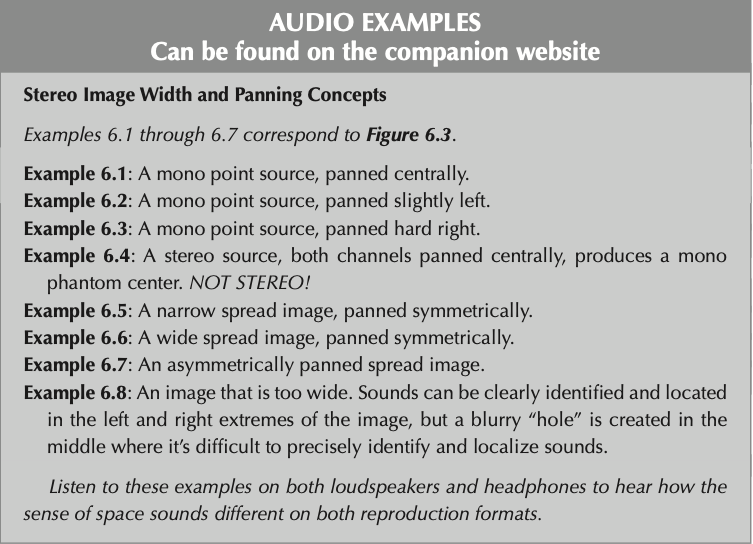 Companion audio examples 6.1 to 6.8, on stereo image width and panning.